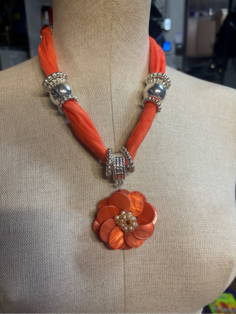 Orange Flower Pendant Necklace with Silver Accents - Women Jewelry